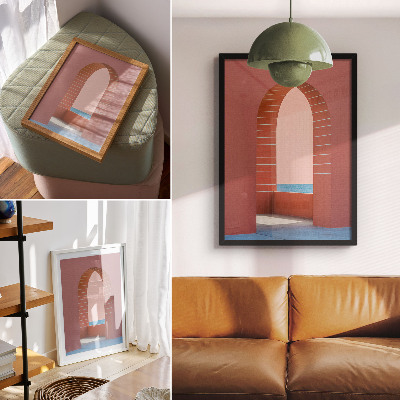 Dekoratyvinis plakatas Pastelinės arkos, jūra, minimalistinė architektūra