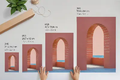 Dekoratyvinis plakatas pastelinės arkos, jūra ir minimalistinė architektūra