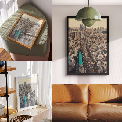 Plakatas svetainei Miesto panorama, aukšti pastatai, kelias