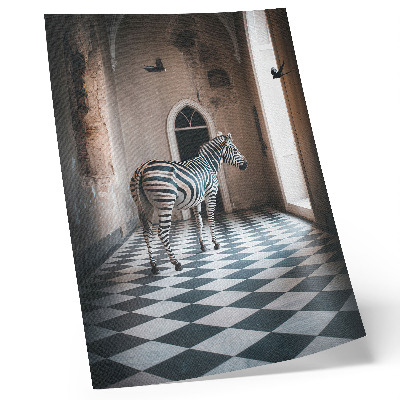 Plakatas Zebra architektūros fone su skraidančiais paukščiais