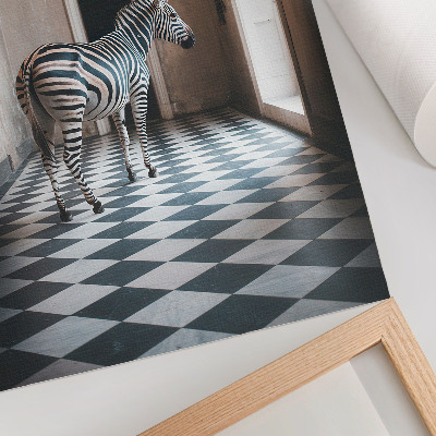 Plakatas Zebra architektūros fone su skraidančiais paukščiais