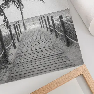 Dekoratyvinis plakatas tropinis molas su palmėmis, smėliu ir beribiu horizontu