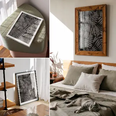 Sieninis plakatas jausmingas papartis juodai baltos spalvos, pasižymintis simetrija ir elegancija
