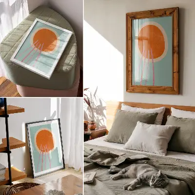 Sieninis plakatas oranžinis apskritimas turkio spalvos fone su rožinėmis linijomis