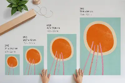 Sieninis plakatas oranžinis apskritimas turkio spalvos fone su rožinėmis linijomis