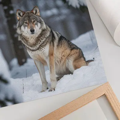 Plakatas svetainei vilkas žiemos miške vaizduojantis gamtos tylą ir eleganciją