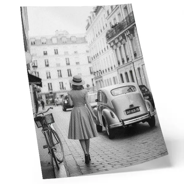 Dekoratyvinis plakatas retro stiliaus moteris klasikiniame miesto automobilyje