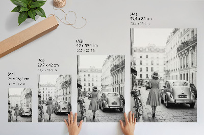 Dekoratyvinis plakatas Retro žavesio moteris miesto klasikiniame automobilyje
