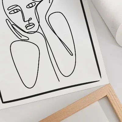 Plakatas svetainei su minimalistiniais juodų linijų veido kontūrais