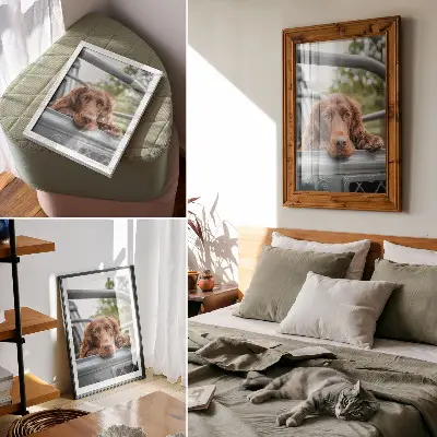 Sieninis plakatas rudas šuo prie transporto priemonės ir žali medžiai