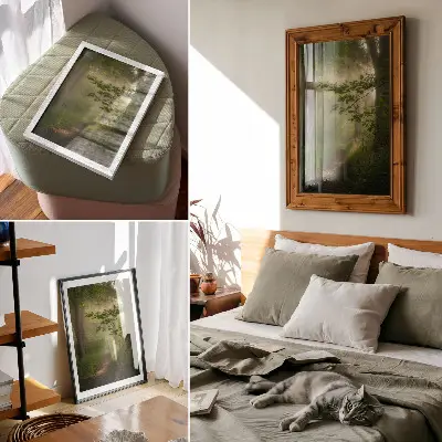 Dekoratyvinis plakatas žali lapai miško take su šviesos spinduliu