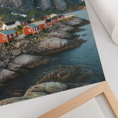 Dekoratyvinis plakatas Raudoni namai fiordas kalnai saulėlydis