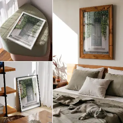 Plakatas svetainei žali vynmedžiai prie pilkų durų harmoninga kompozicija