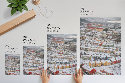 Dekoratyvinis plakatas Spalvingi namai žiemos kraštovaizdžio architektūra