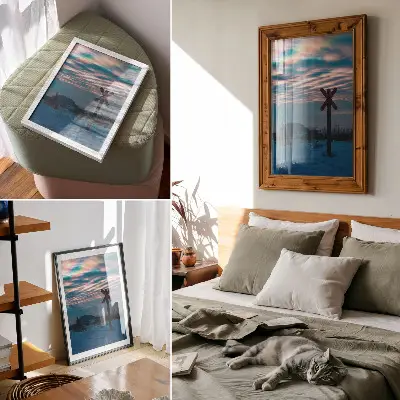 Plakatas atmosferinis žiemos peizažas su spalvingais debesimis ir vienišu ženklu
