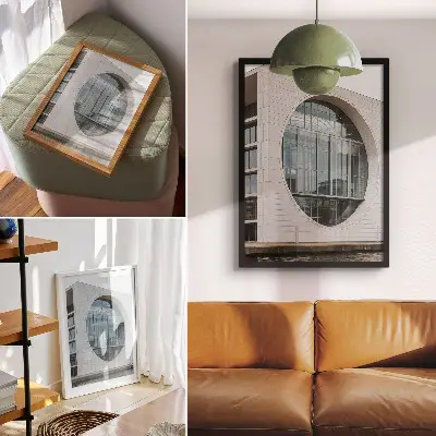Dekoratyvinis plakatas futuristinis fasadas su griežtomis linijomis ir stiklo konstrukcija