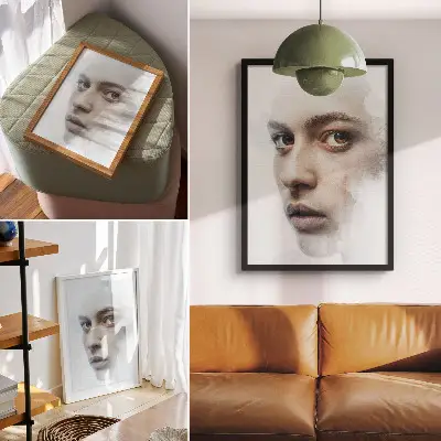Plakatas subtilus veidas su paslaptinga atmosfera ir žaismingomis detalėmis