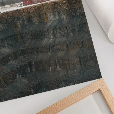 Sieninis plakatas tvartas prie šlaito žiemos miške su rūku