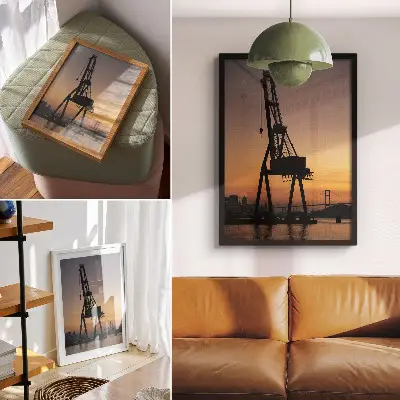 Sieninis plakatas pramoninio krano siluetas saulėlydžio fone prie tilto