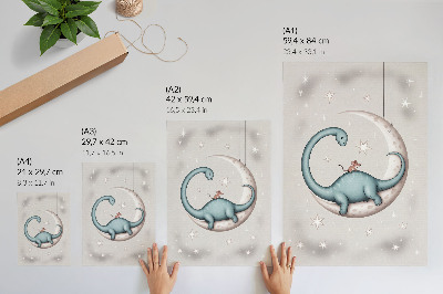 Sieninis plakatas Dinozauras ant mėnulio žvaigždžių pastelinėje erdvėje
