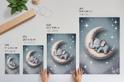 Plakatas svetainei Miegantis dramblys ant mėnulio pastelinėmis spalvomis