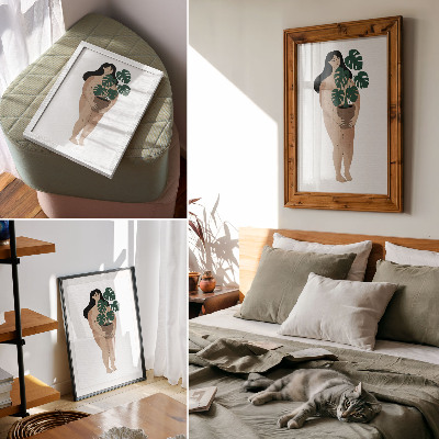 Sieninis plakatas Moteris su gėlių vazonu, elegancija, minimalizmas, ramybė