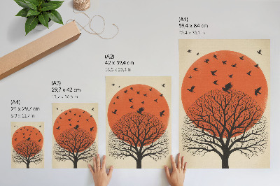 Dekoratyvinis plakatas Paukščiai, medis, saulė, motyvas, minimalistinis stilius