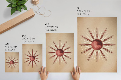 Dekoratyvinis plakatas Boho stilius, spindinti saulė, šilti tonai