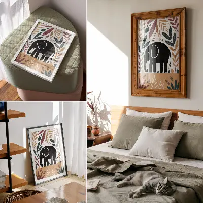 Plakatas svetainei dramblys tarp lapų, gamtos elegancija ir paprastumas