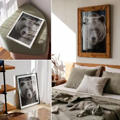 Plakatas realus meškos portretas – ramus ir stiprus jame perteiktas vaizdinys