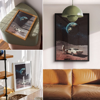 Plakatas Astronautas Mėnulyje, automobilis, Žemė, žvaigždės