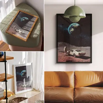 Plakatas astronautas mėnulyje su automobiliu, žeme ir žvaigždėmis