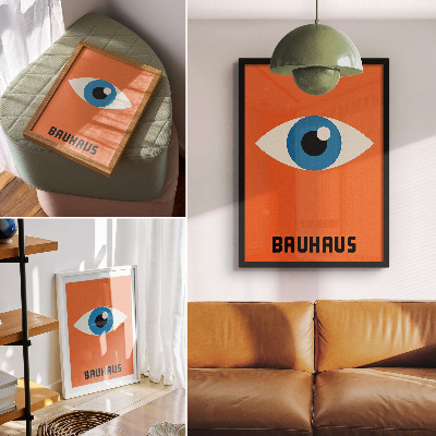Plakatas Akis geometrinėse figūrose oranžiniame fone