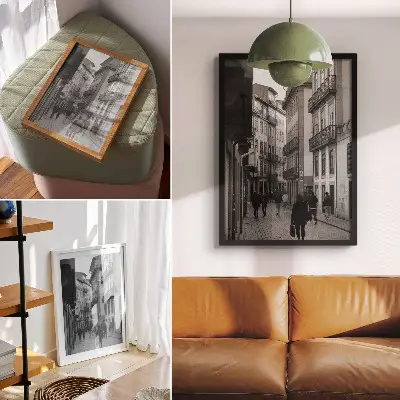 Dekoratyvinis plakatas juodai balta gatvės architektūra su žmonėmis