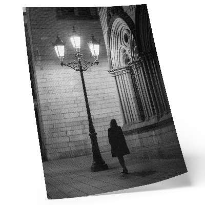 Sieninis plakatas Juodai balta architektūra su žibintu naktį