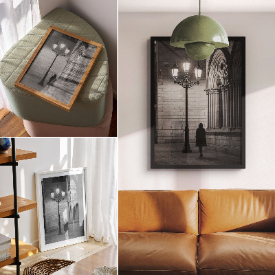 Sieninis plakatas Juodai balta architektūra su žibintu naktį