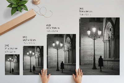 Sieninis plakatas Juodai balta architektūra su žibintu naktį