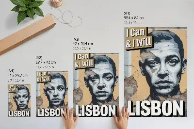 Plakatas svetainei su gatvės stiliaus veido piešiniu ir motyvuojančiu užrašu