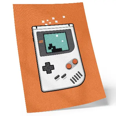 Plakatas svetainei retro konsolės pikselių grafika oranžiniame fone