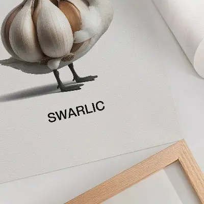 Sieninis plakatas gulbė su siurrealistiniu česnaku