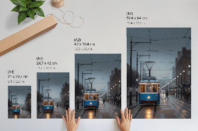 Sieninis plakatas Mėlynas tramvajus lietingą dieną miesto gyvenimas