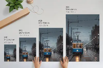 Sieninis plakatas mėlynas tramvajus lietingą dieną miesto gyvenime