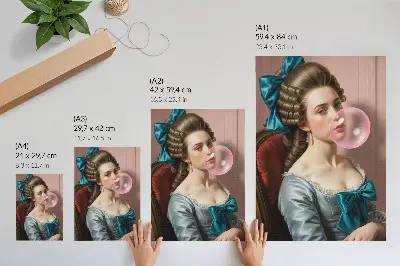 Sieninis plakatas moters su kramtomąja guma portretas retro stiliuje