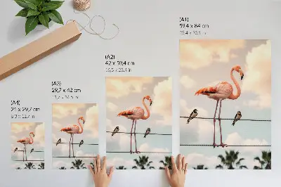 Plakatas svetainei su flamingų ir dangaus debesų motyvu