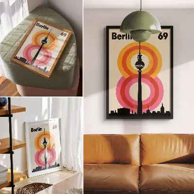 Plakatas svetainei su retro stiliaus bokšto ir spalvingų žiedų piešiniu