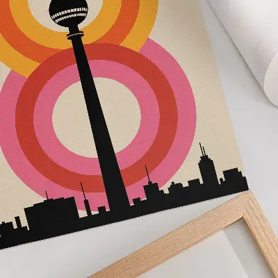 Plakatas svetainei su retro stiliaus bokšto ir spalvingų žiedų piešiniu