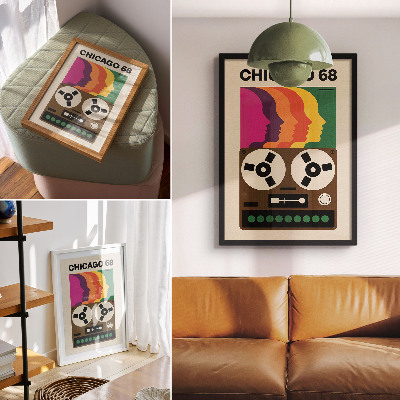 Dekoratyvinis plakatas Spalvingi retro magnetofono siluetai