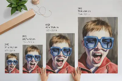Dekoratyvinis plakatas žmogaus su akiniais portretas ryškiomis spalvomis perteikiantis emocijas