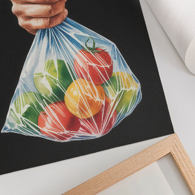 Sieninis plakatas Ranka su plastikiniu maišeliu, pilnu spalvingų vaisių