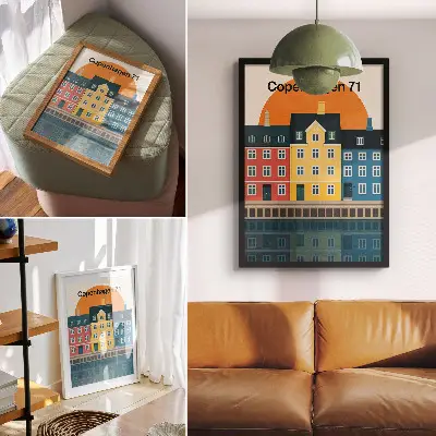 Plakatas svetainei spalvingas namas prie vandens minimalistiniu stiliumi